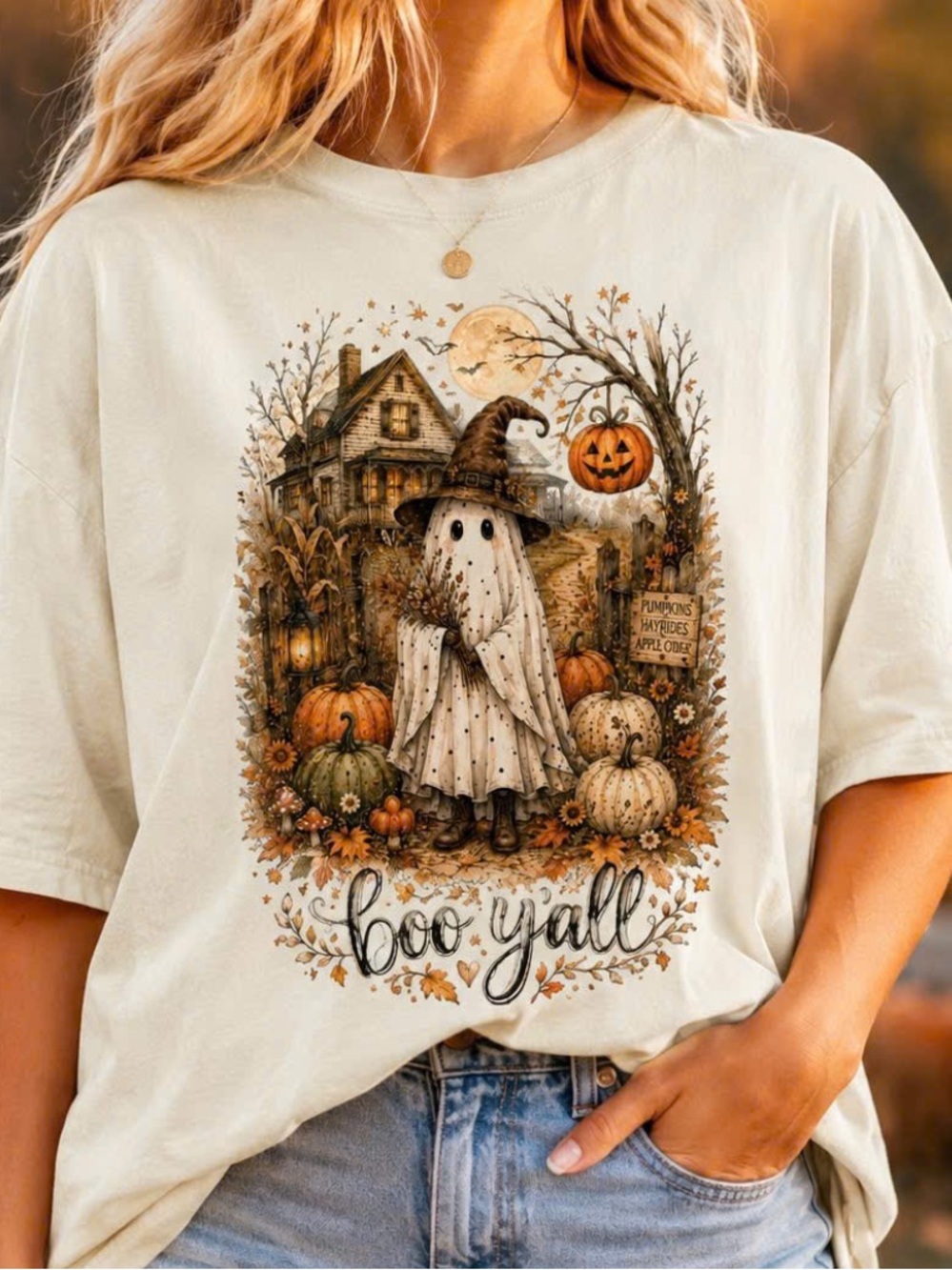 Gildan Cream Ghost Halloween Graphic Tee - Boo Y'all Women’s Short Sleeve Top